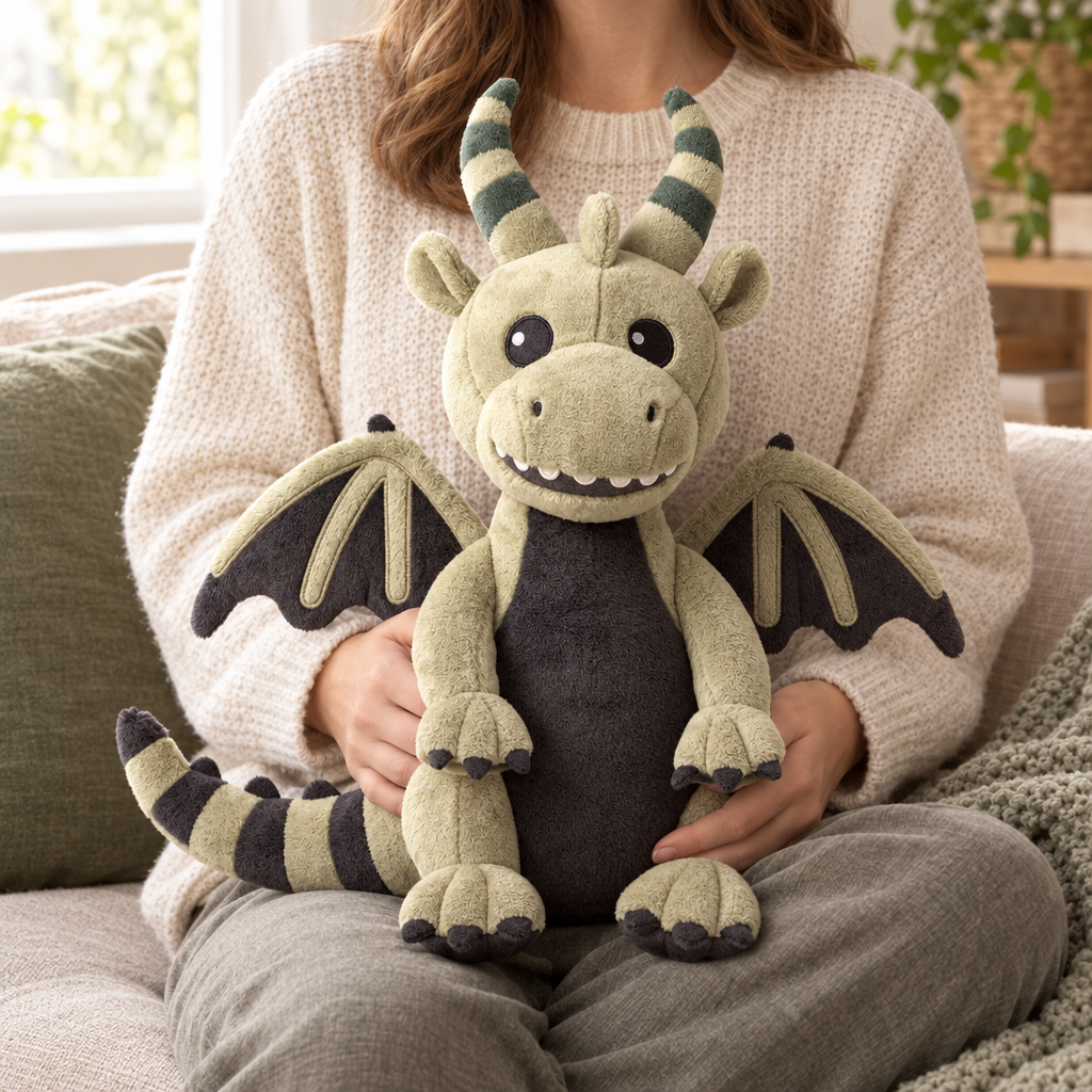 Milo the Dragon comfort companion on lap in linen living room