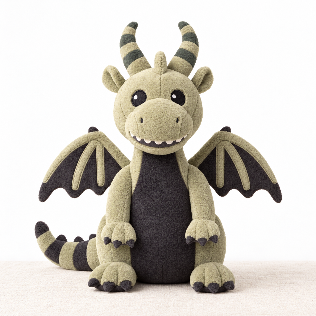 Milo the Dragon sage-green soft comfort companion plush on linen