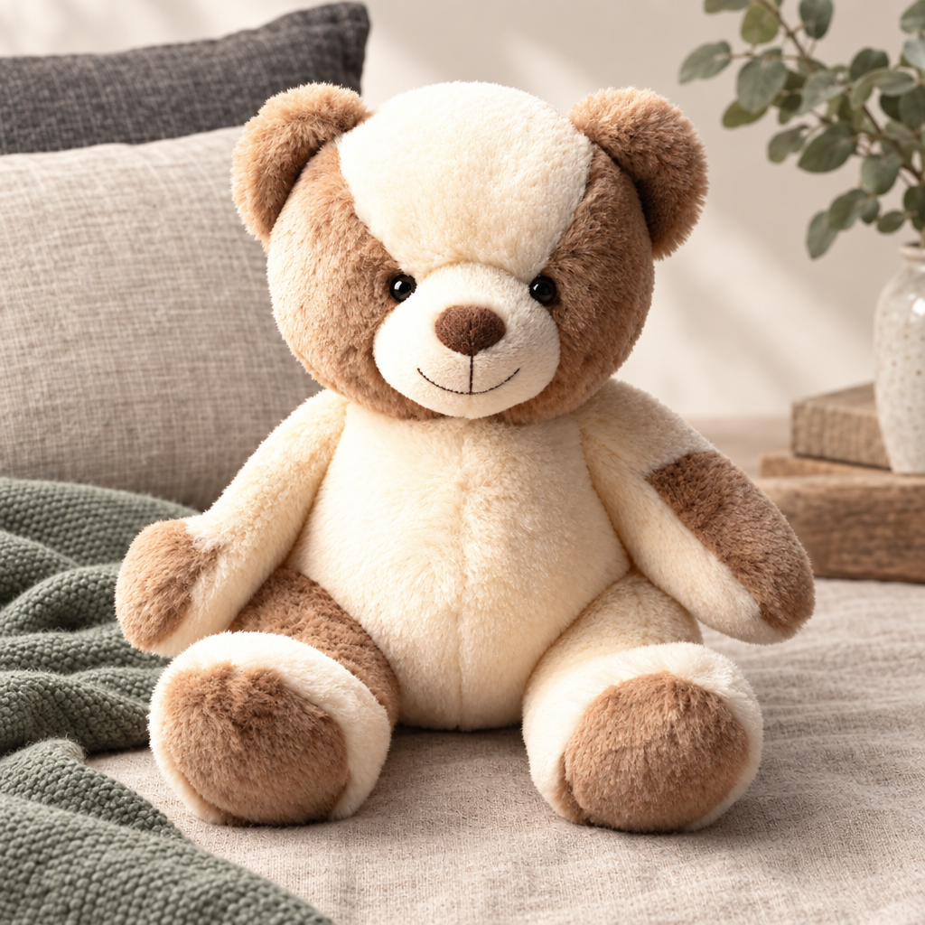 Weighted Teddy Bear cream and tan soft companion on linen