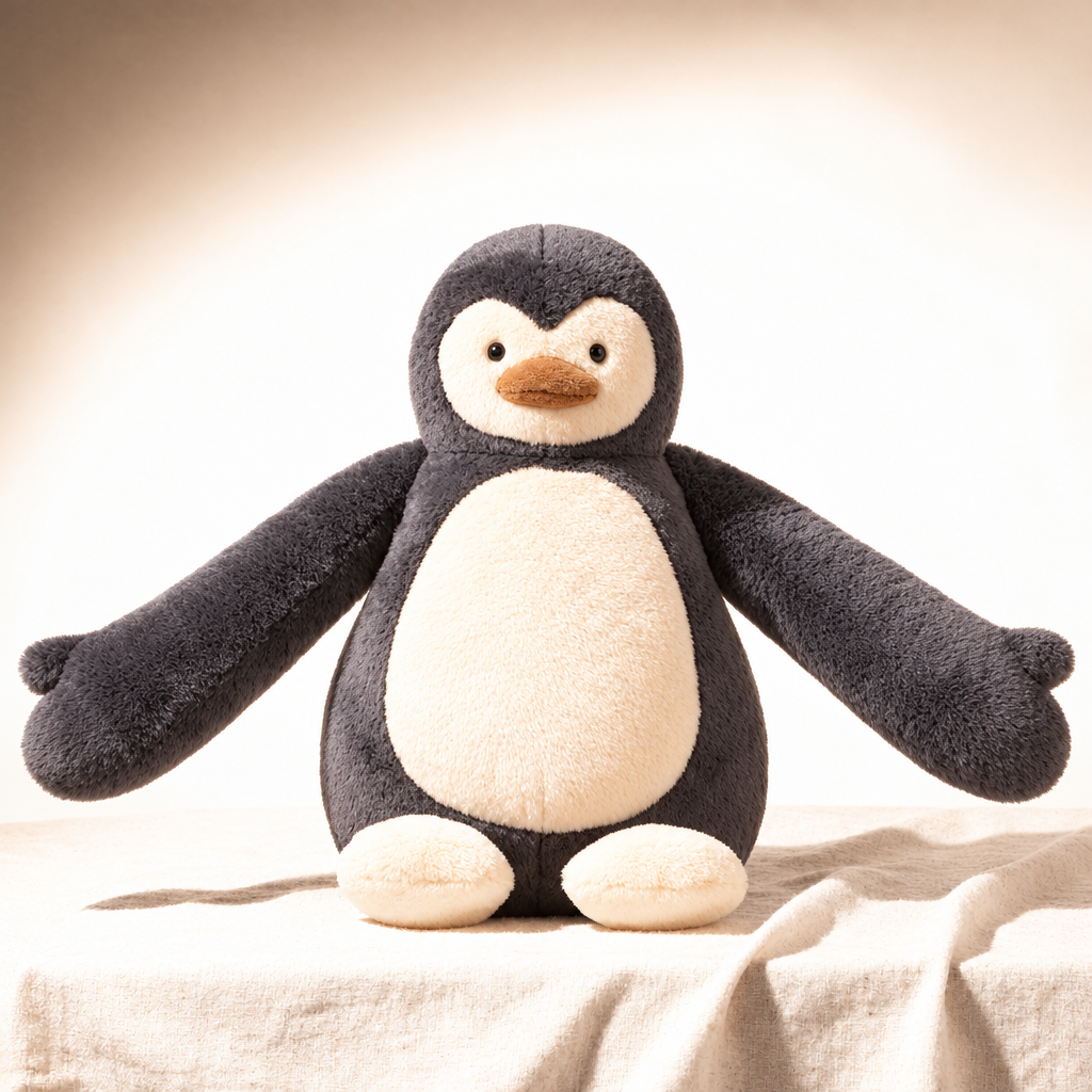 Weighted Penguin charcoal and cream hug companion on linen