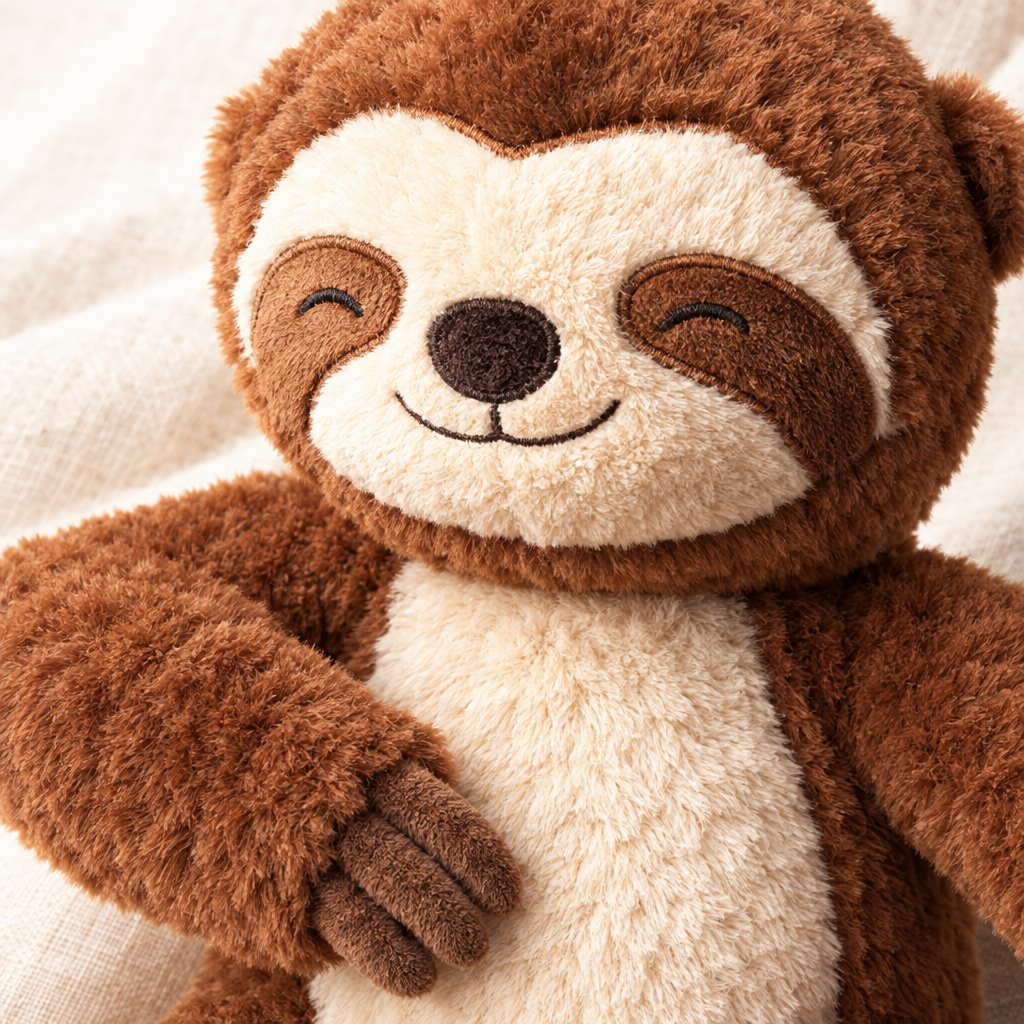 Weighted Sloth soft plush texture and claw detail on linen