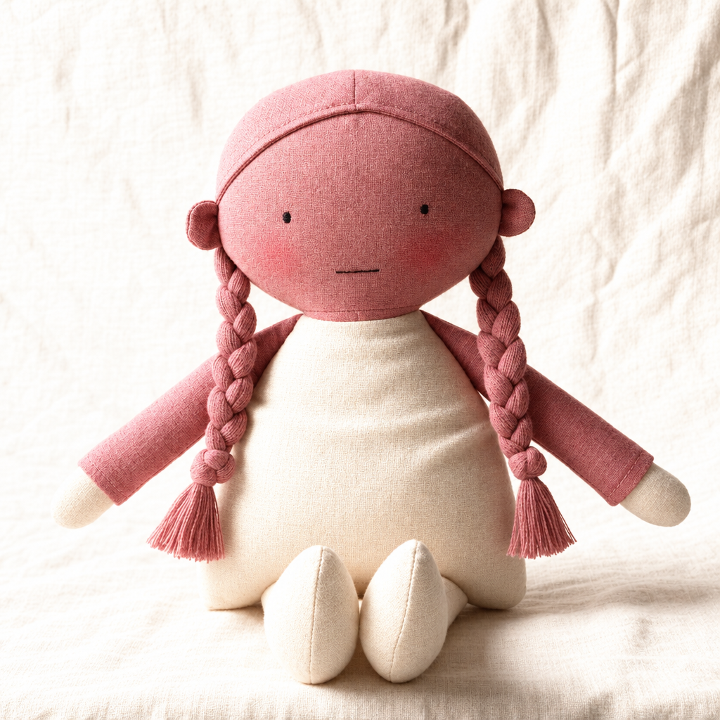 Soft Comfort Doll Bedtime Friend dusty-rose braid doll on linen