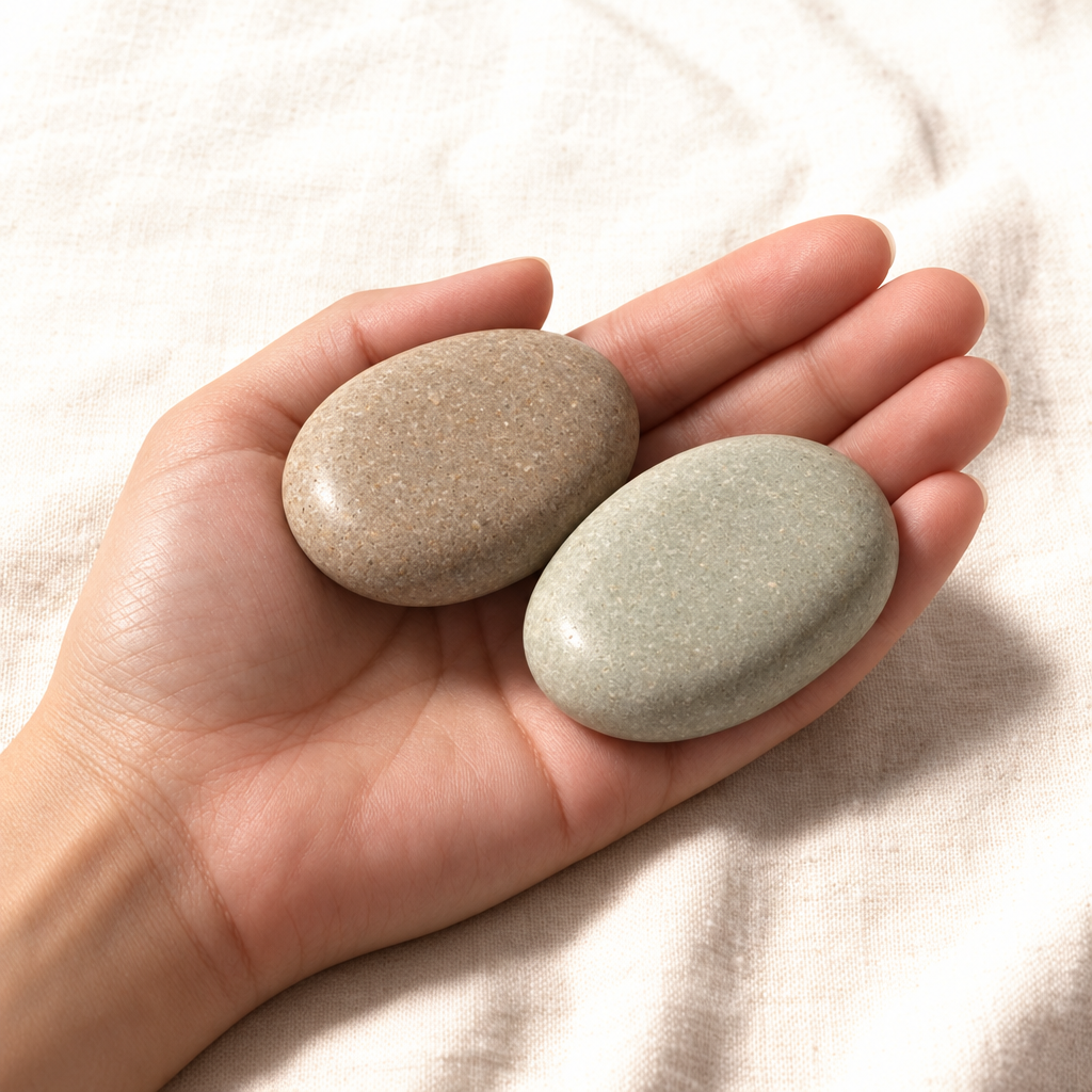 Textured Comfort Stones held in hand on linen
