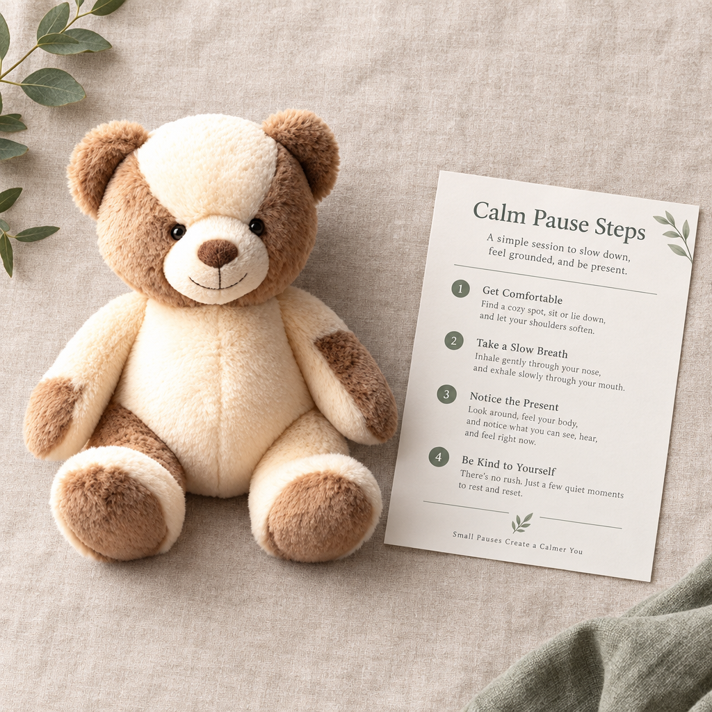 Companion Calm Kit weighted companion and one-page how-to on linen