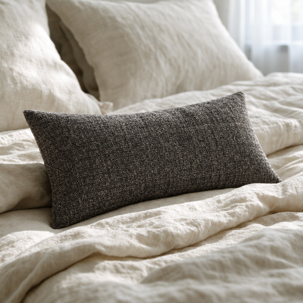 Soft Weighted Eye Pillow charcoal bolster on linen bedding