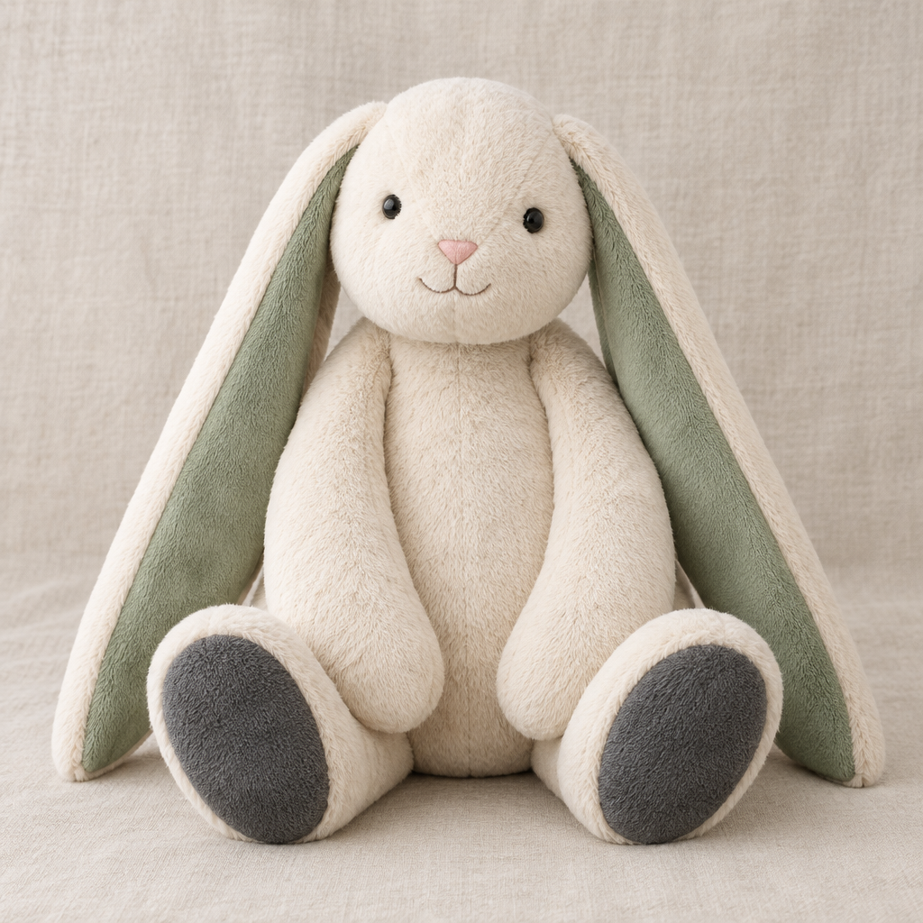 Floppy Hug Bunny soft comfort companion plush on linen