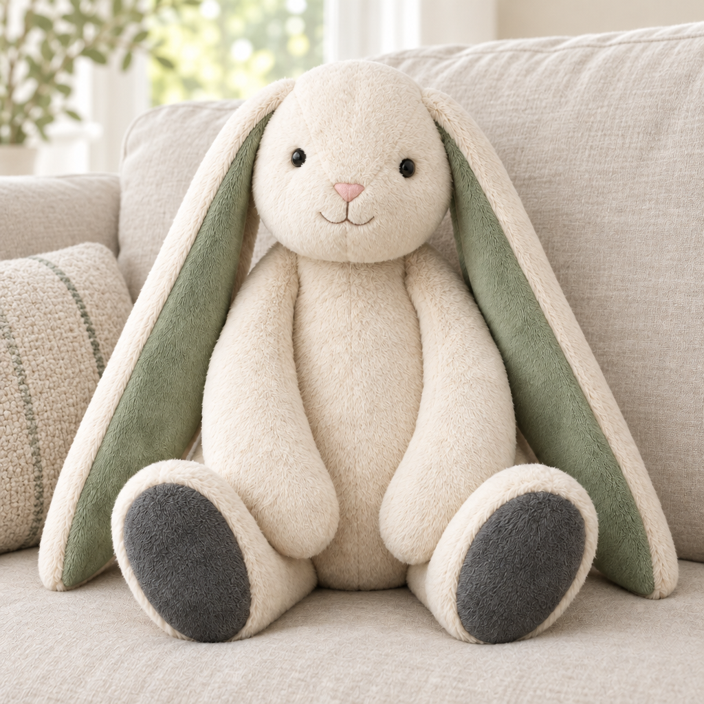 Floppy Hug Bunny comfort companion lifestyle on linen