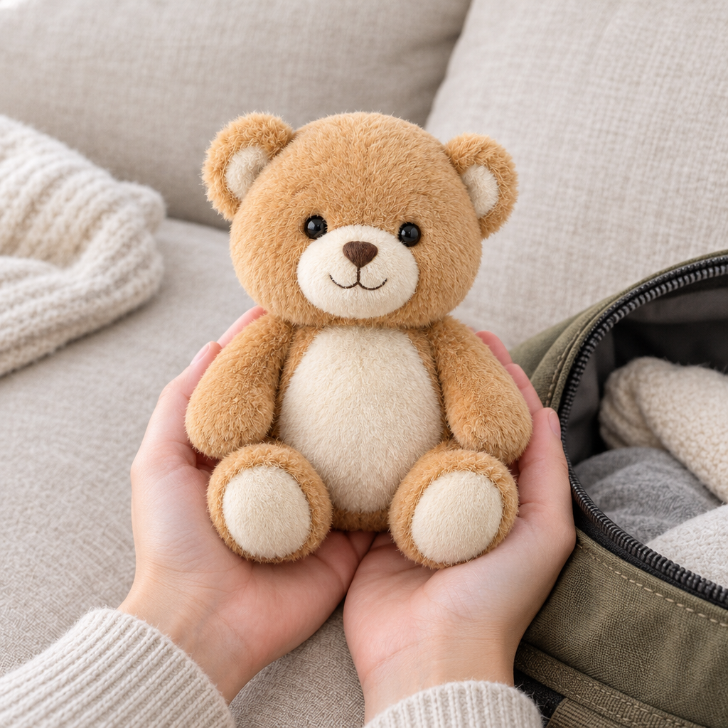 Travel Mini Weighted Teddy comfort companion lifestyle on linen