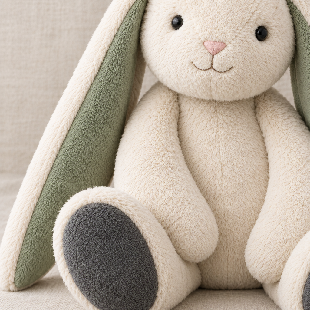 Floppy Hug Bunny plush texture detail on linen
