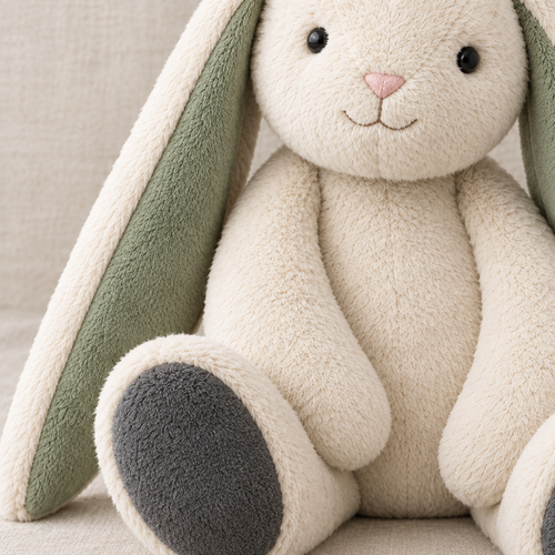Floppy Hug Bunny plush texture detail on linen